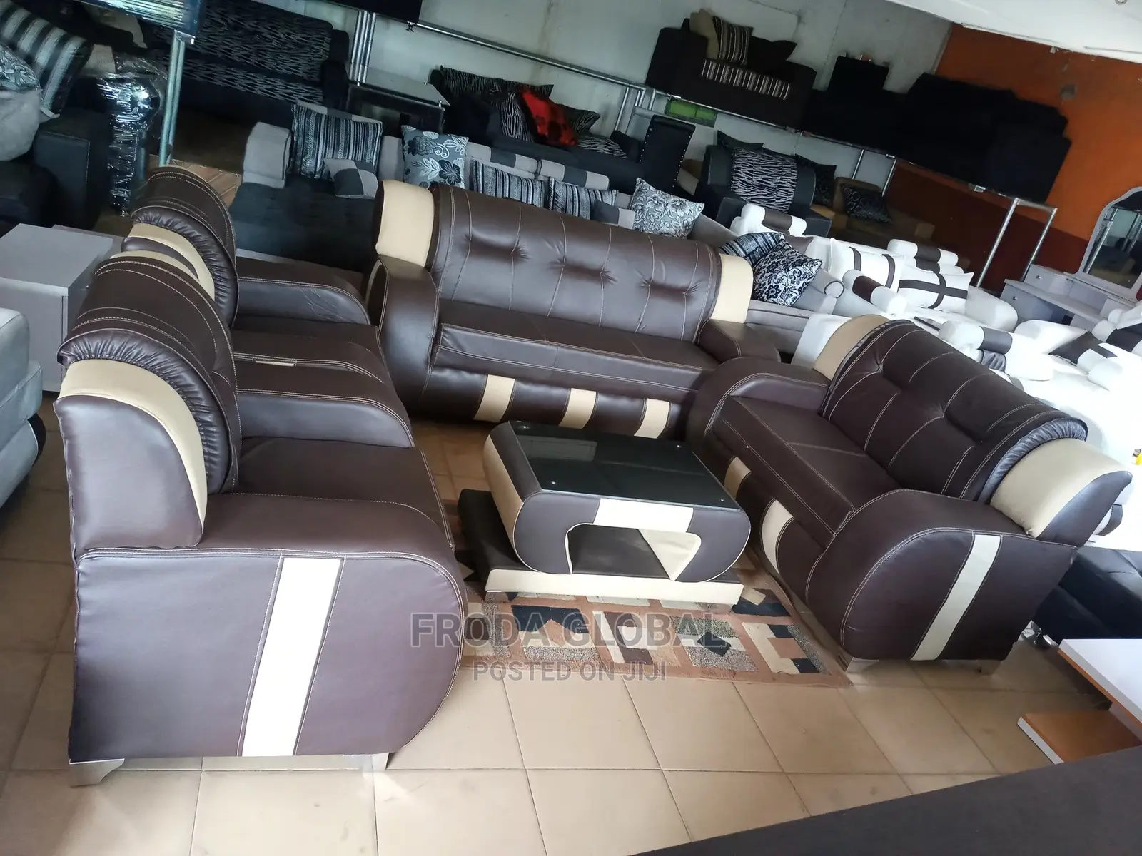 Set of 7-Seater Sofa Chairs and Centre Table - Leather Couch