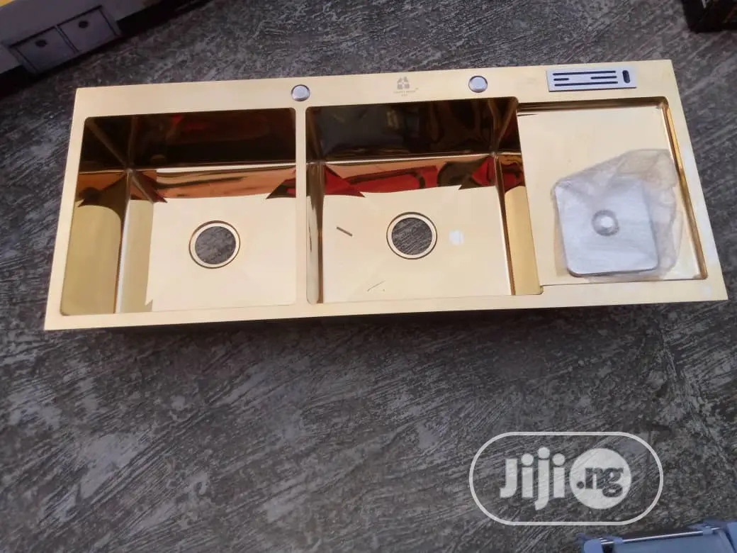 Golden Hand-Made Double Bowl Sink With Tray