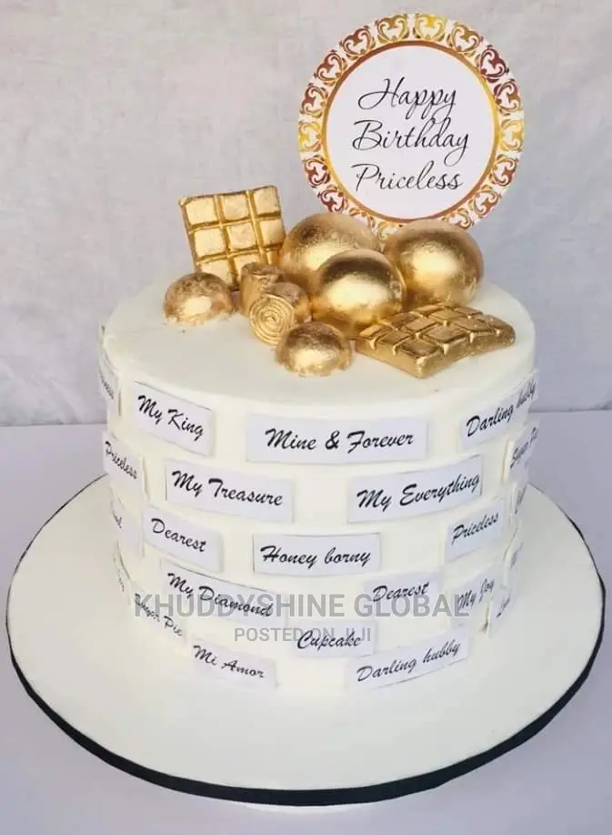 Scripted White and Gold Birthday Cake