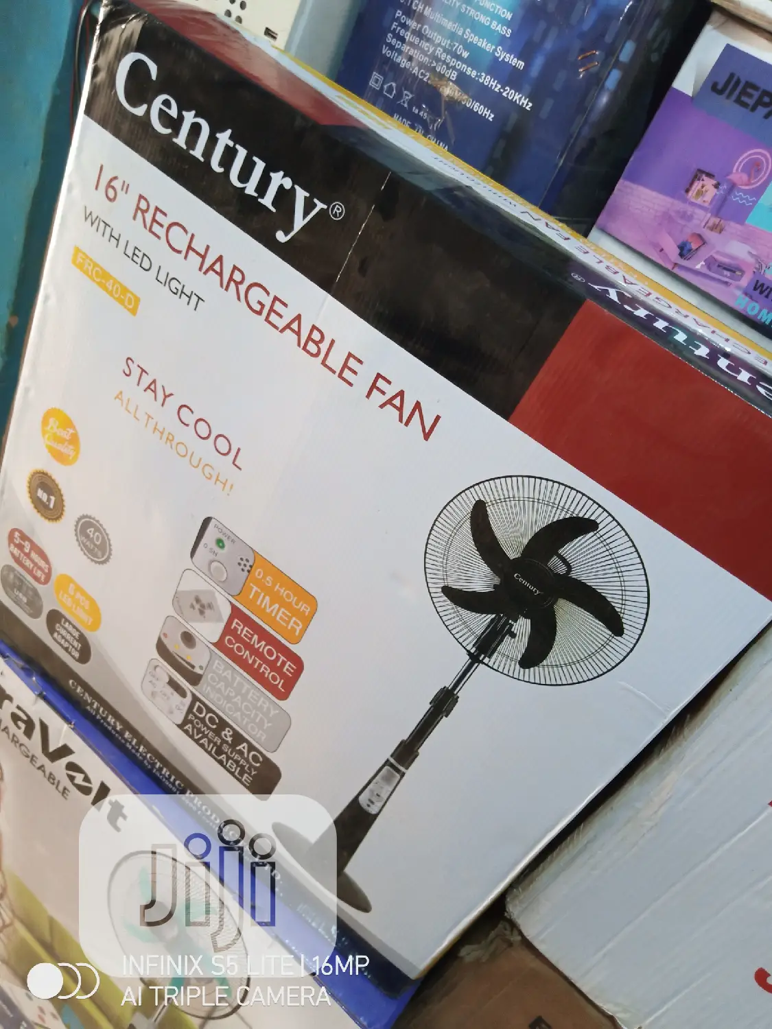 Century 16 Rechargeable Fan+Remote+LED Light -BLACK