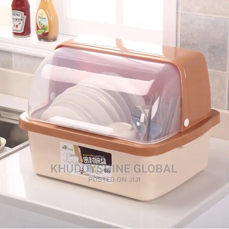 Kitchen Drain Dish Rack With Lid Storage Box Tableware Plast