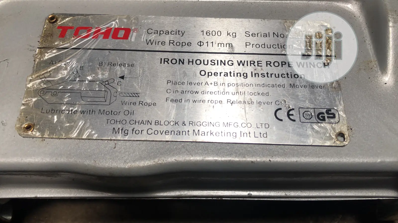 Toho Tirfor Jack 1600kg Wire Rope 11mmx20meters