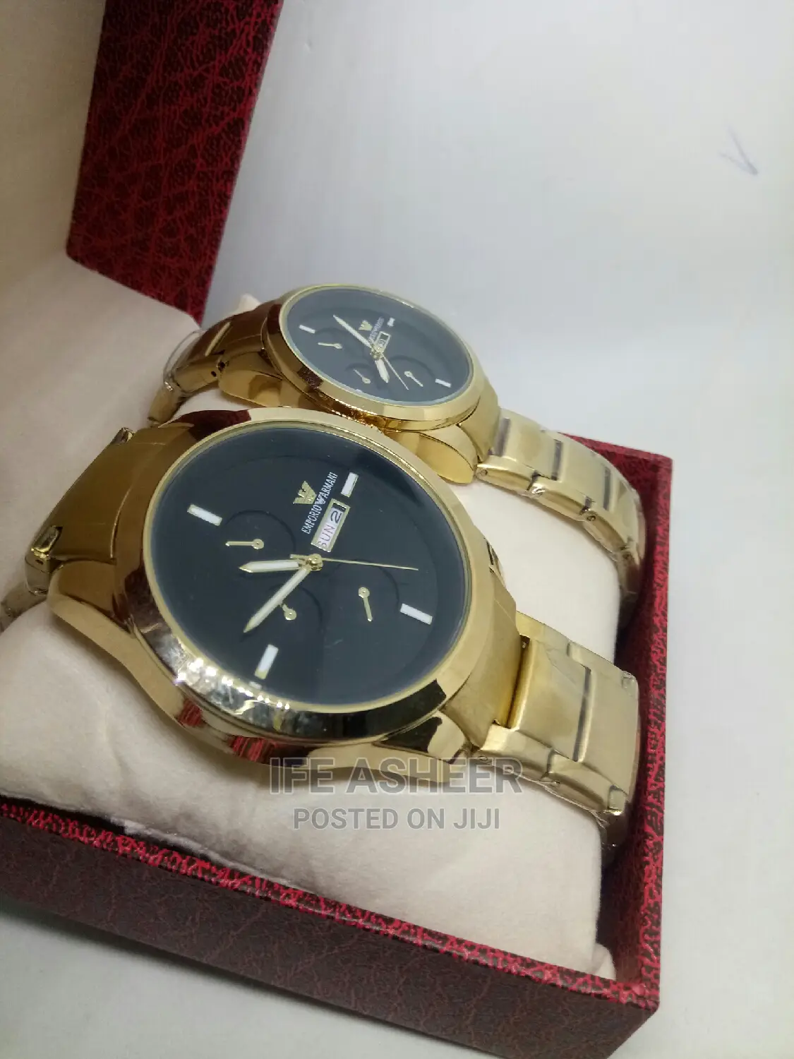 Emporio Armani Couples Black Face Wrist Watch - Gold