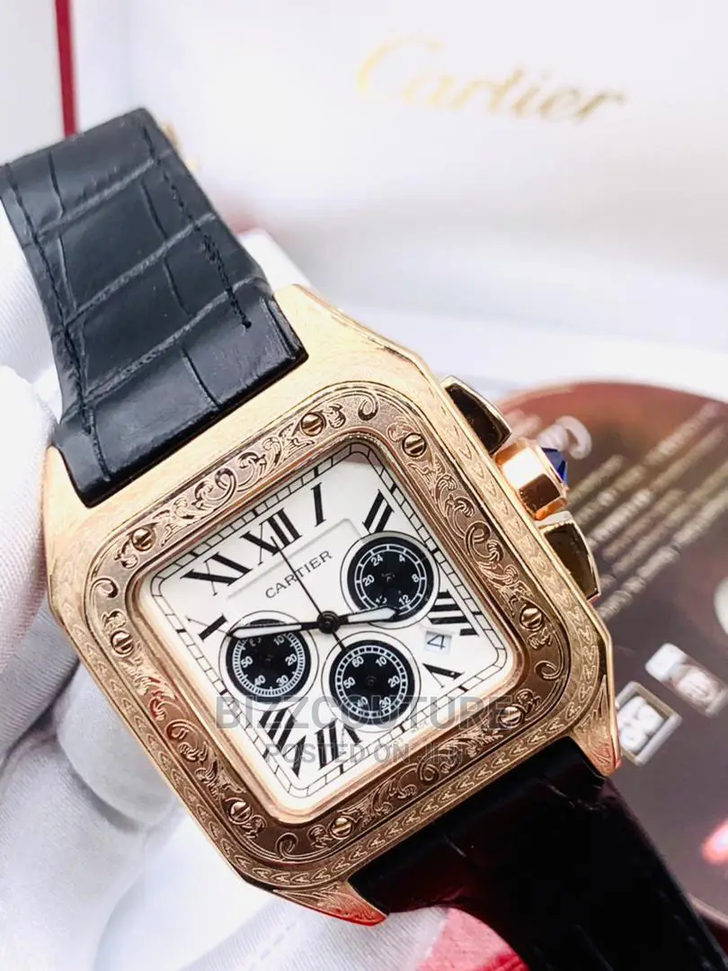 High Quality Cartier Black Leather Watch for Men