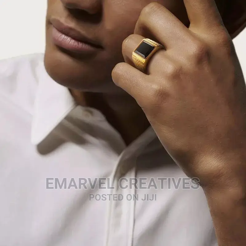 Men High Quality Metal Punk Black Stone Gold Ring