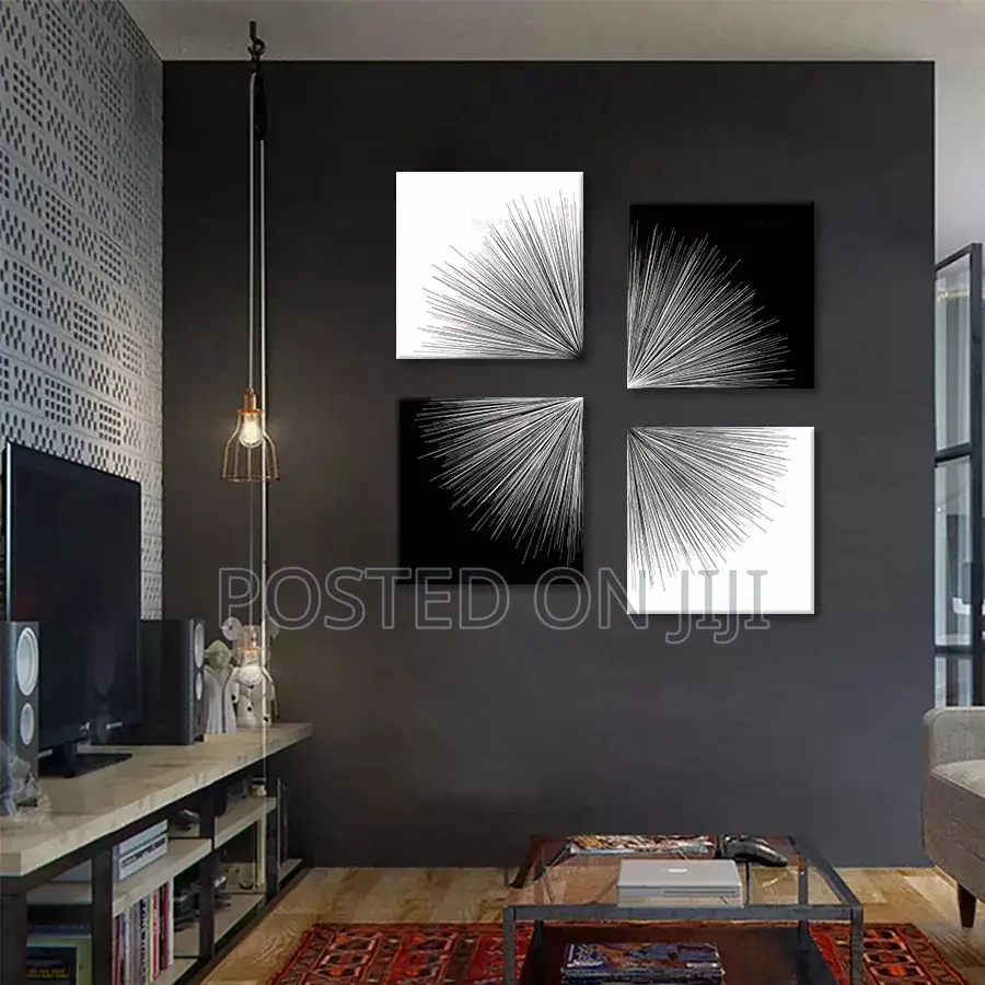 4 Pieces Black and White Rays Abstract Canvas