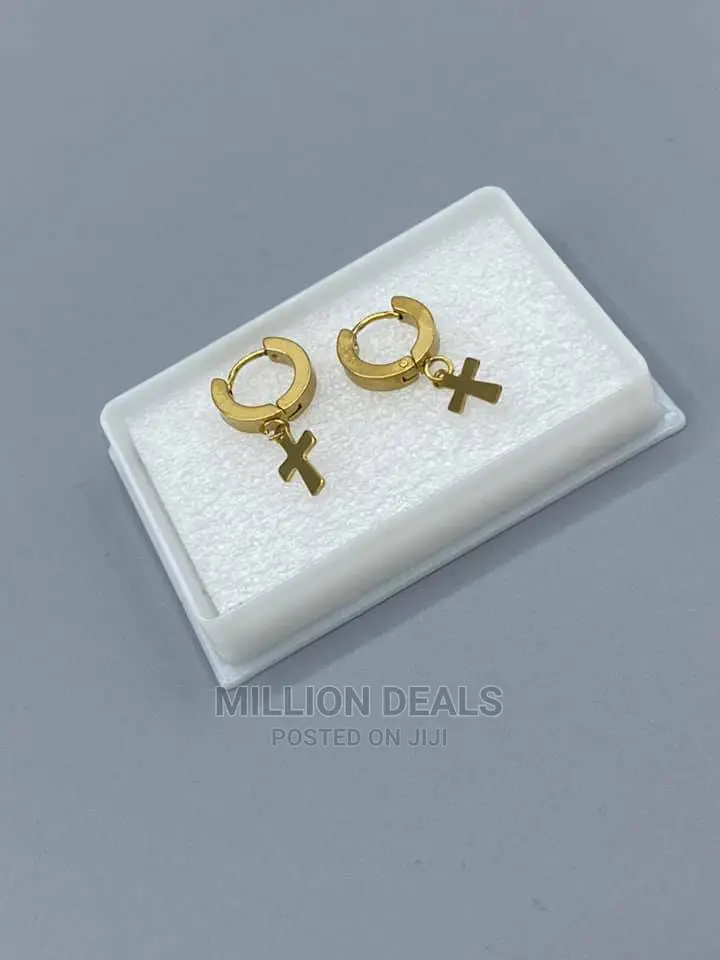 Men's Cross Drop Down Gold Earrings