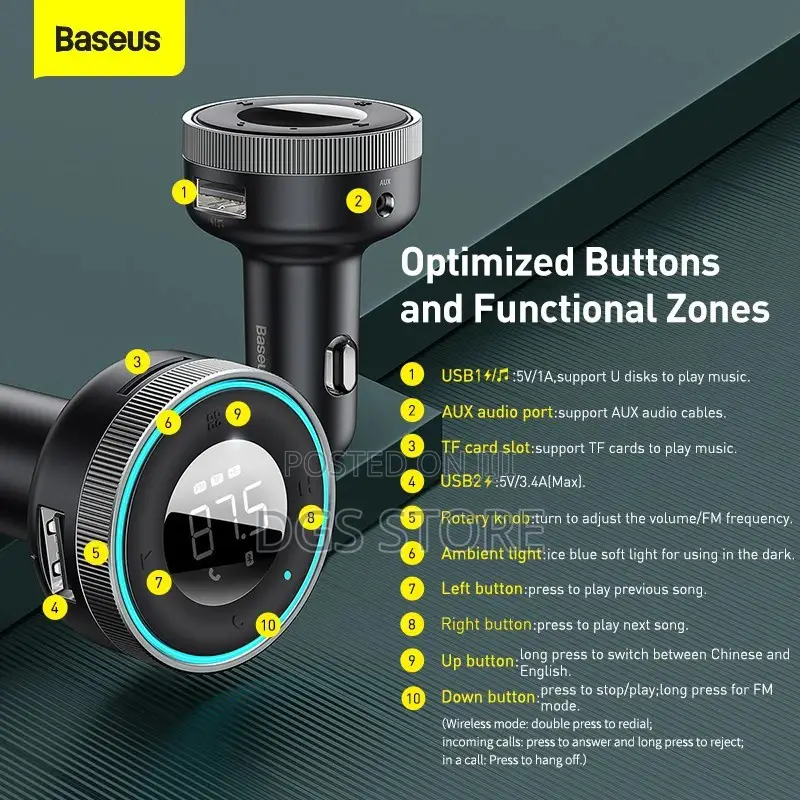Baseus Enjoy Car Wireless Mp3 Charger 5.0+5v/3.4a Charger