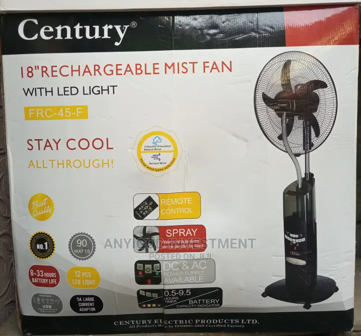 Century 18" Rechargeable Mist Standing Fan