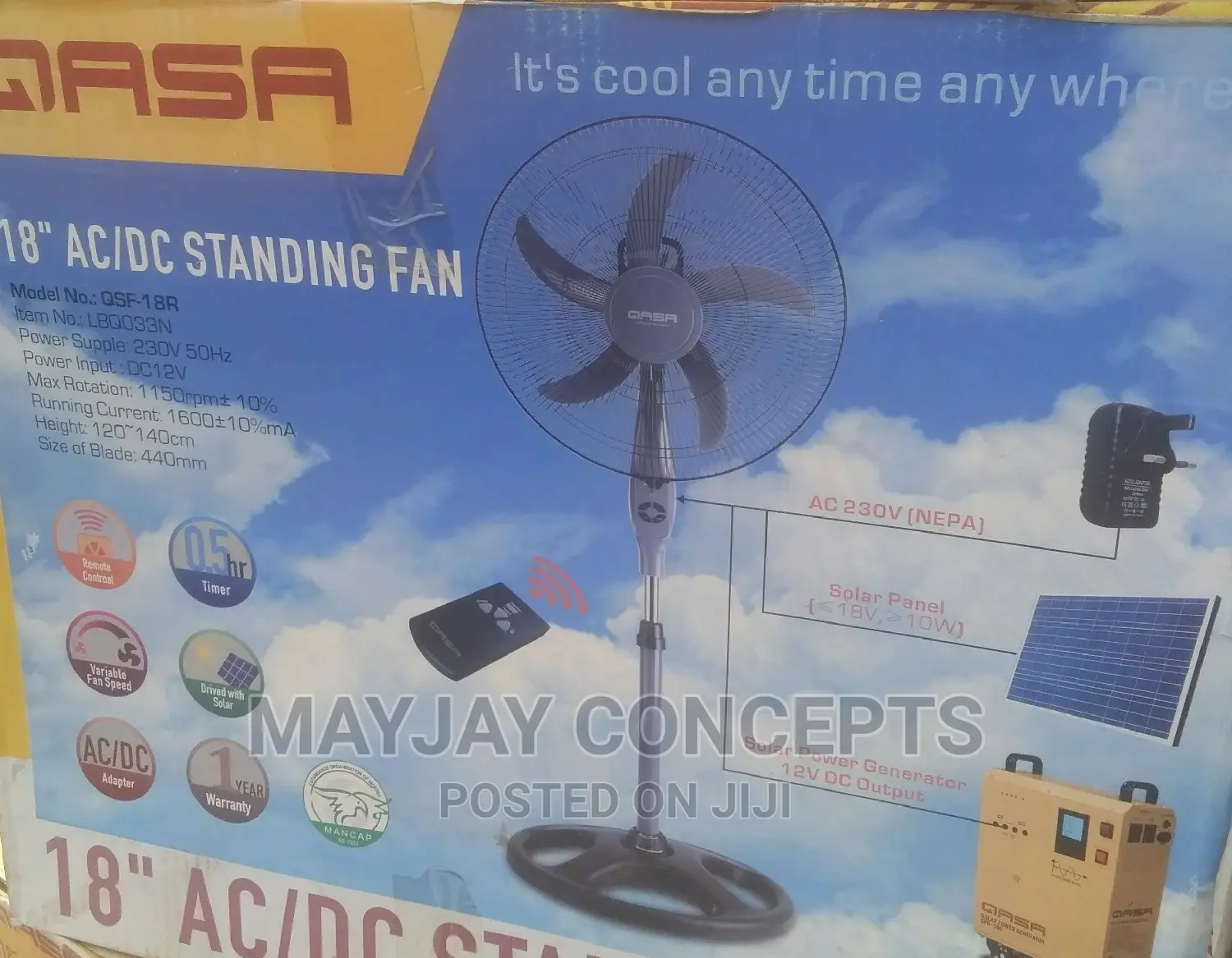 18" Qasa Ac/Dc Solar Standing Fan