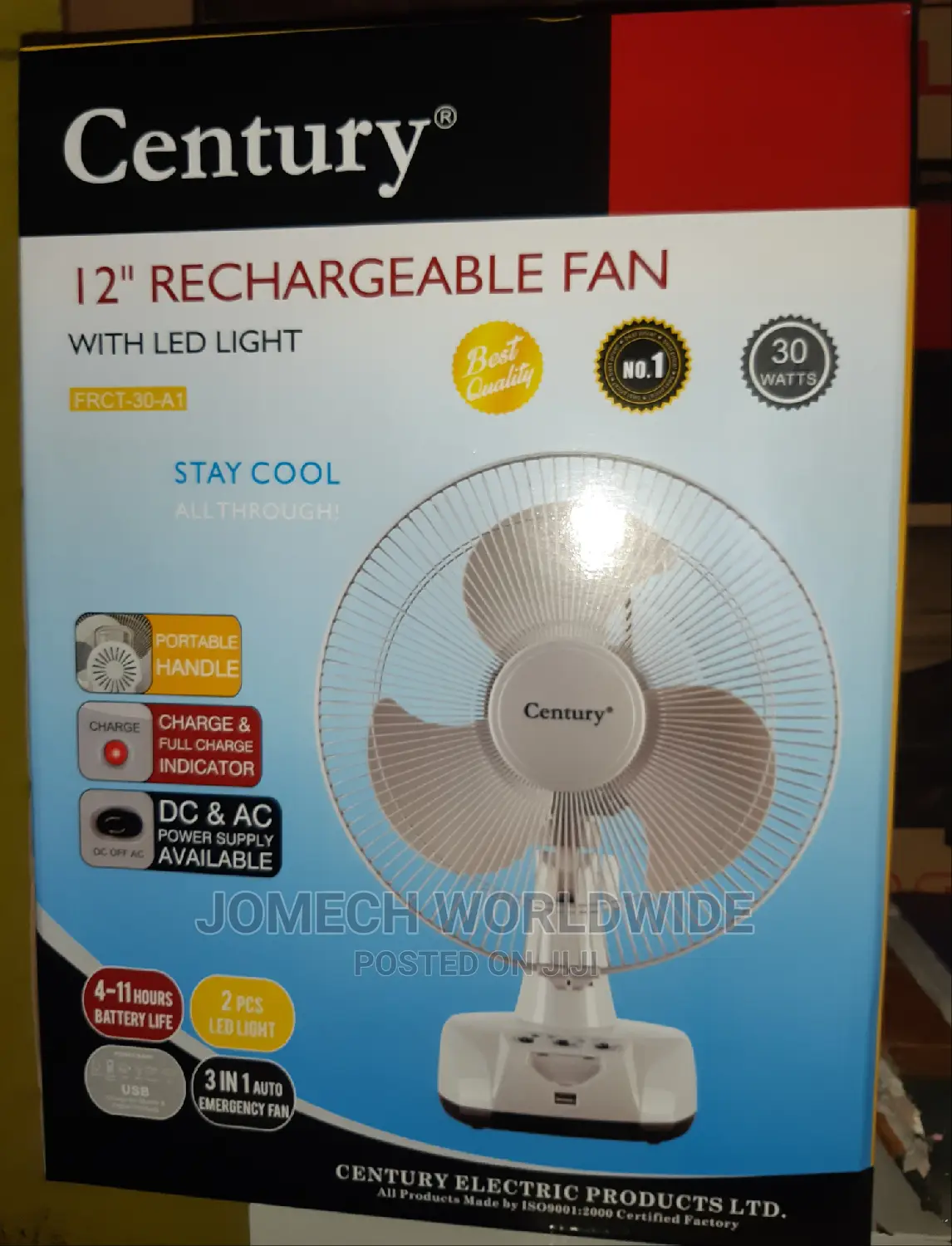12" Century Rechargeable Table Fan