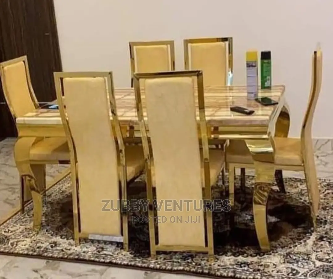 Brand New and Quality Golden Marble Dining Table With 6-Chai