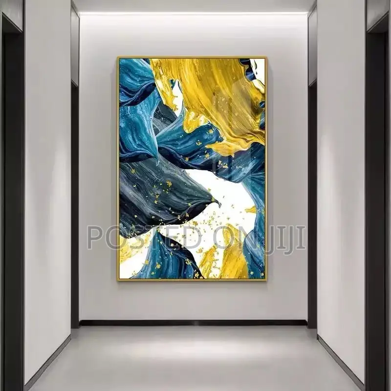 Yellow Golden Foil Blue Abstract Wall Art