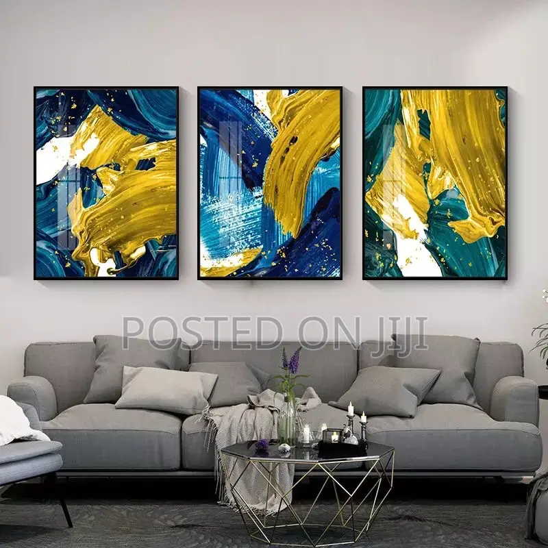 Yellow Golden Foil Blue Abstract Wall Art