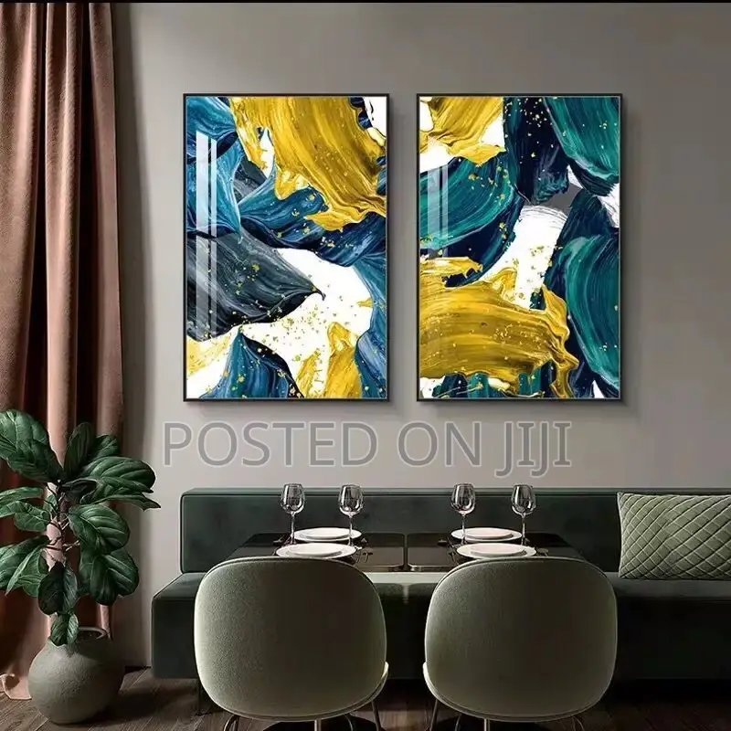 Yellow Golden Foil Blue Abstract Wall Art