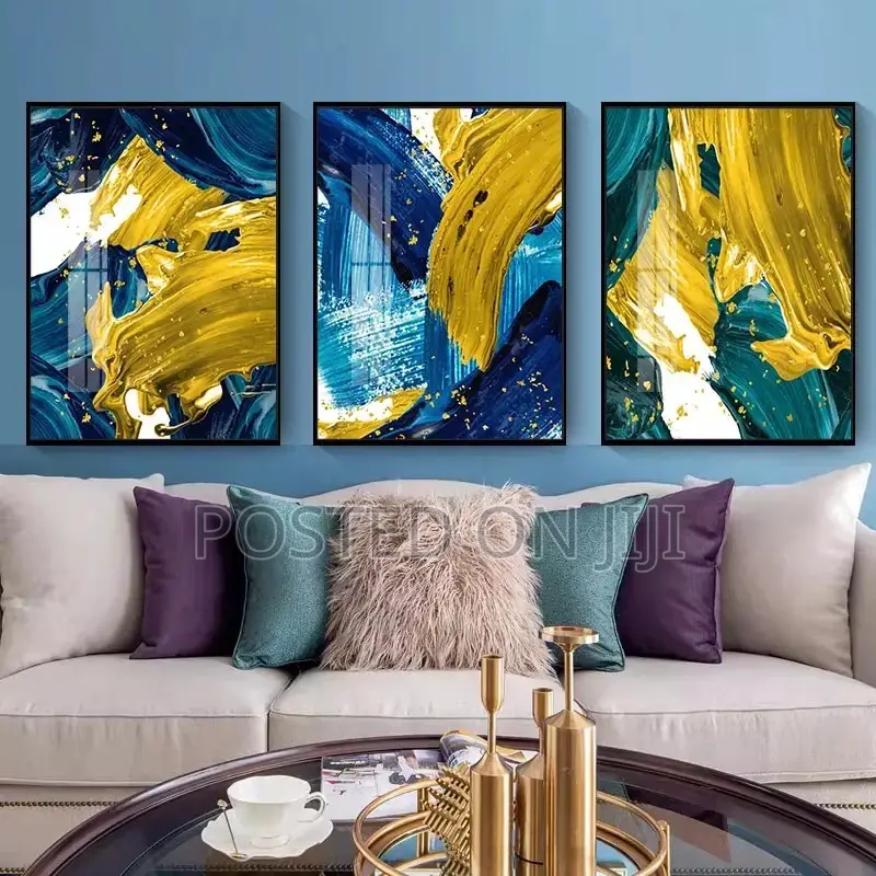 Yellow Golden Foil Blue Abstract Wall Art