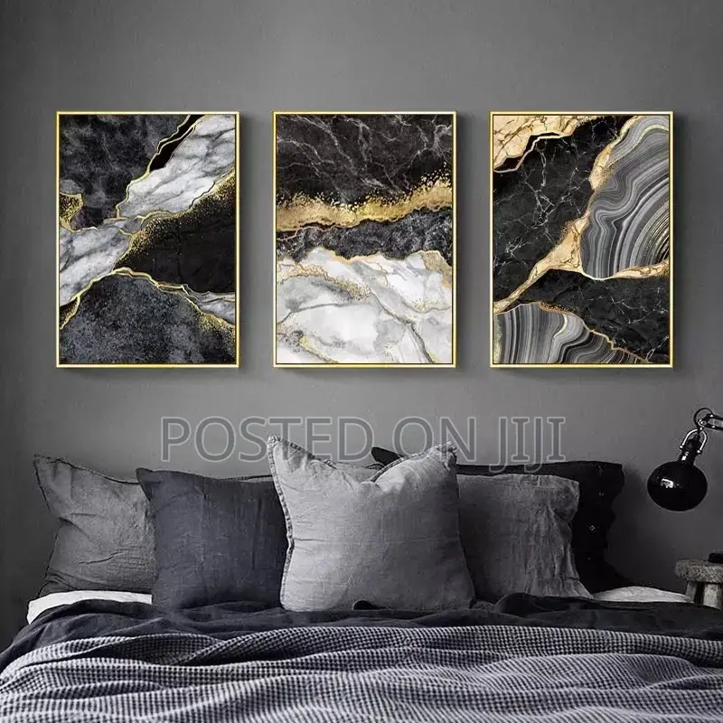 Black White Golden Veins Abstract Wall Art
