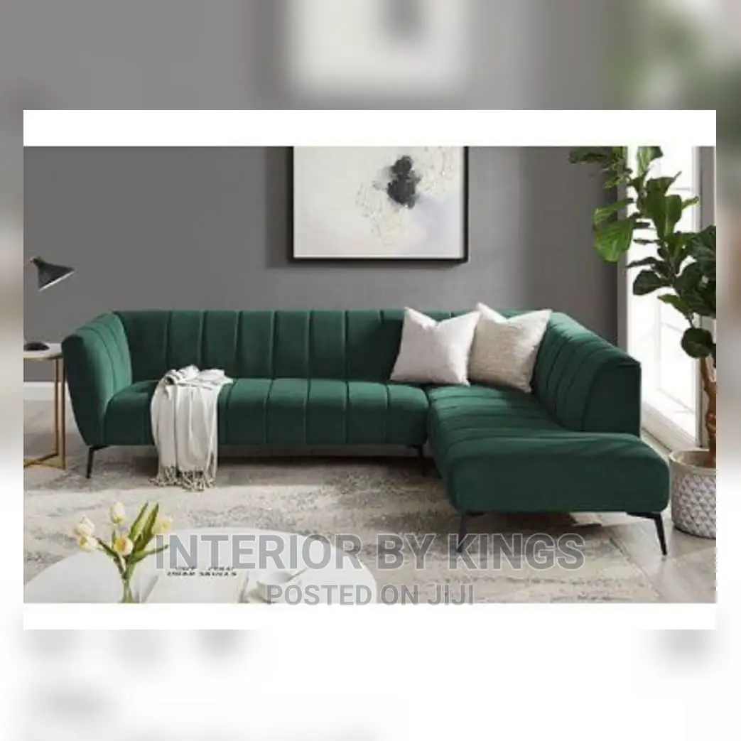 Luxury L-Shaped Fabric Sofa Chair With Throw Pillows.
