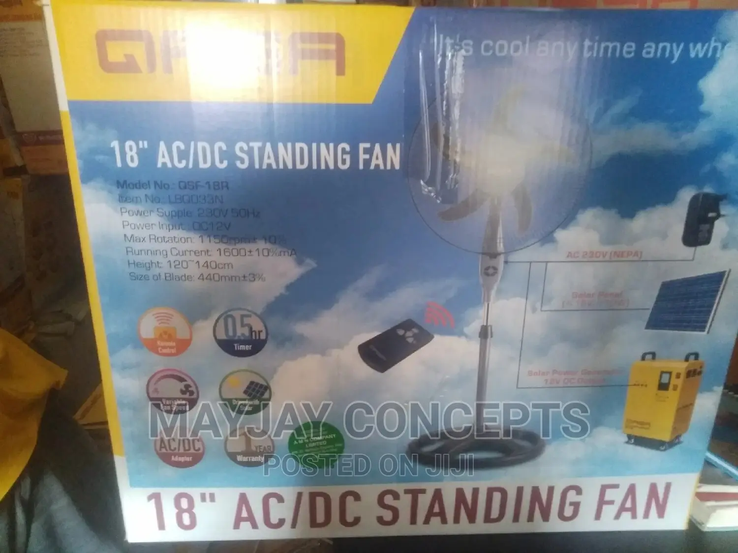 18" Qasa Ac/Dc Solar Standing Fan