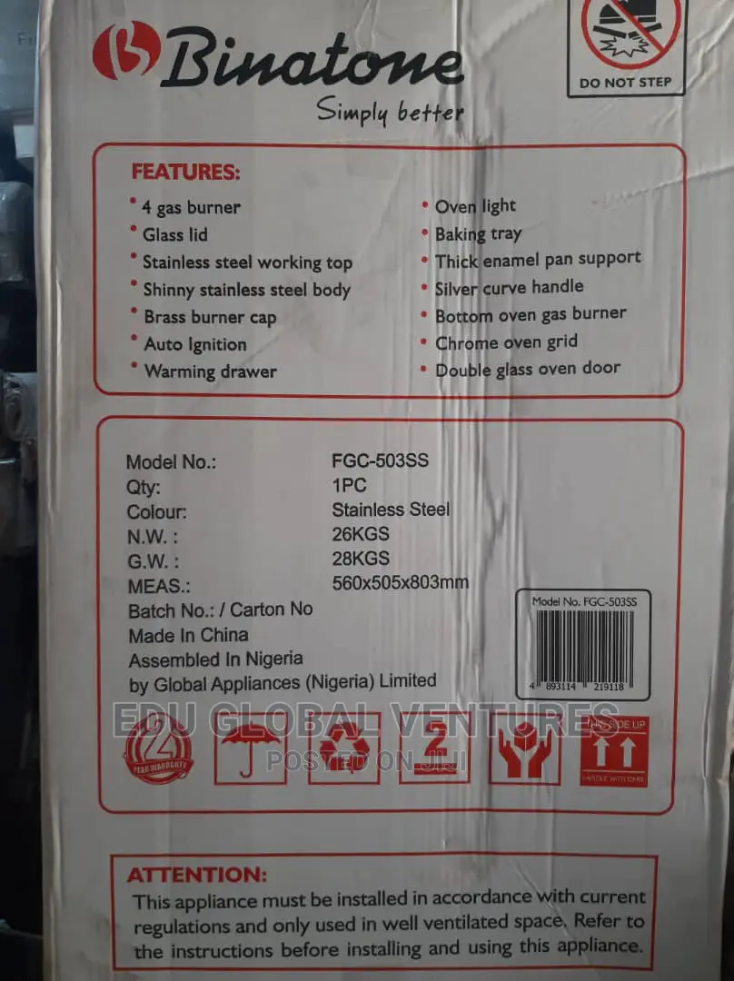 Binatone 4burner Standing Gas Cooker, Oven Grill.