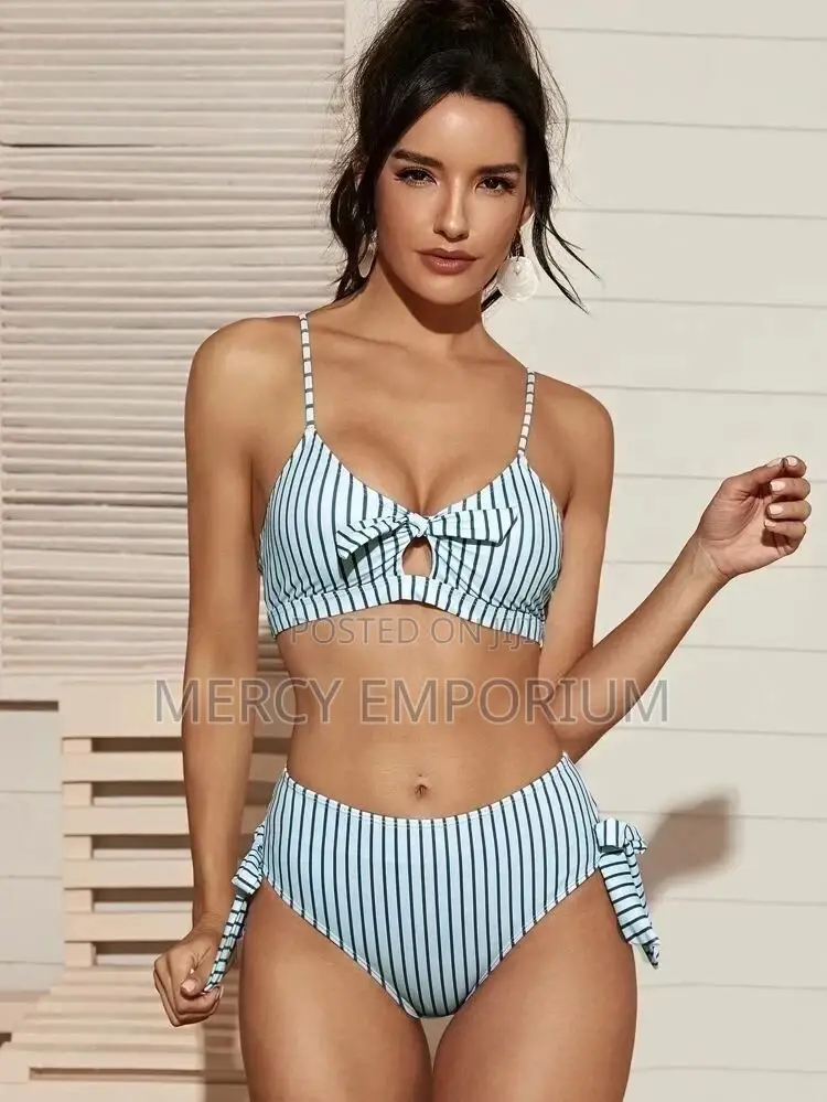 Striped Knot High Waisted Bikini Swimsuit