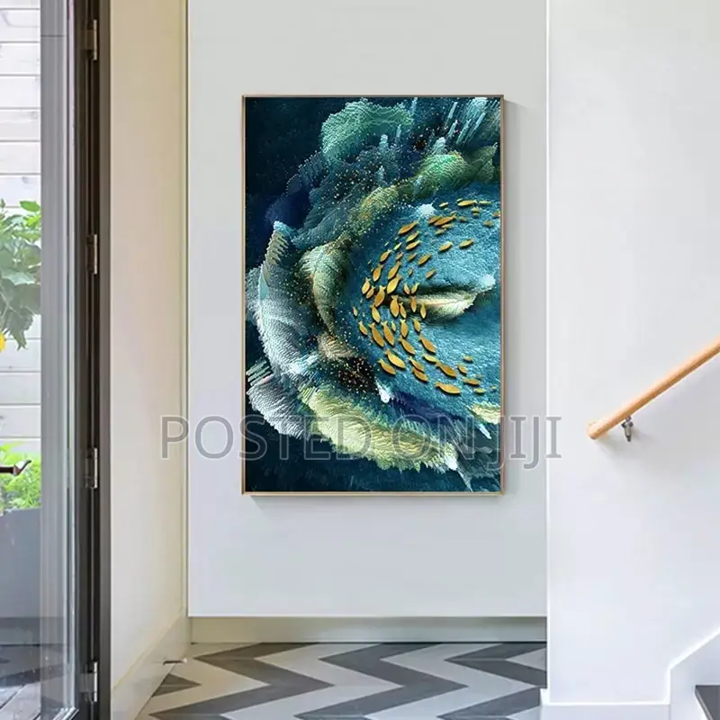 Abstract Golden Feather Blue Green Wall Art Pictures