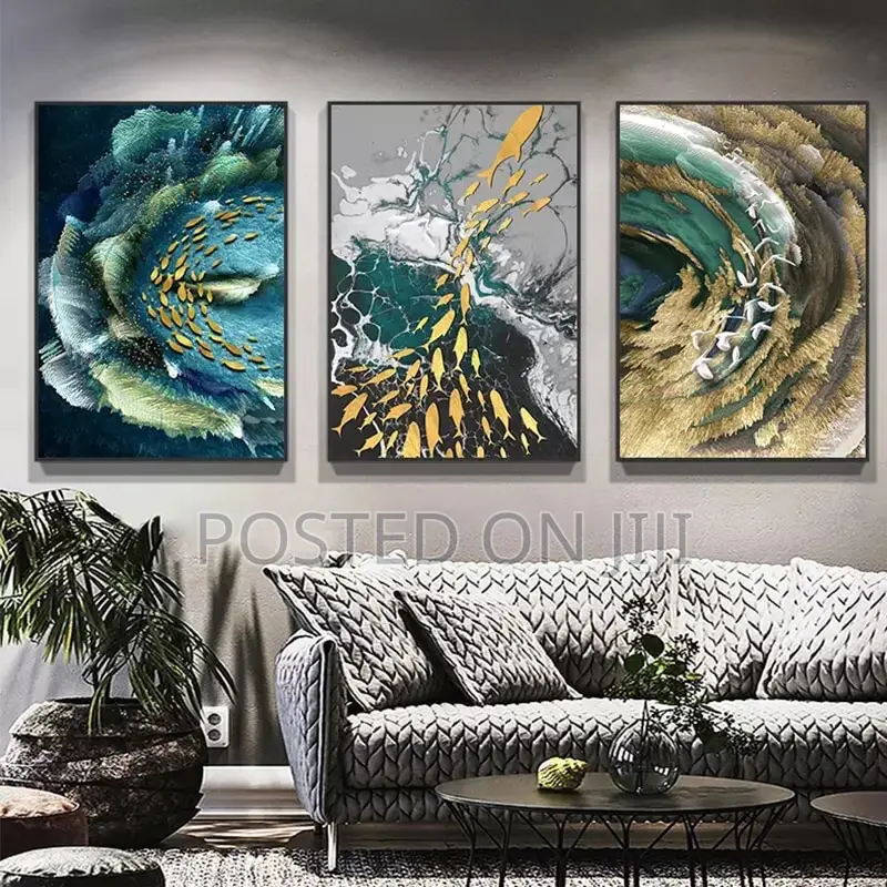 Abstract Golden Feather Blue Green Wall Art Pictures