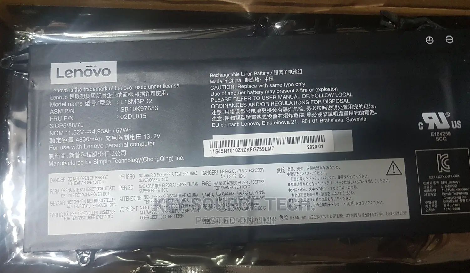 Lenovo T490s Laptop Battery L18l3pdi