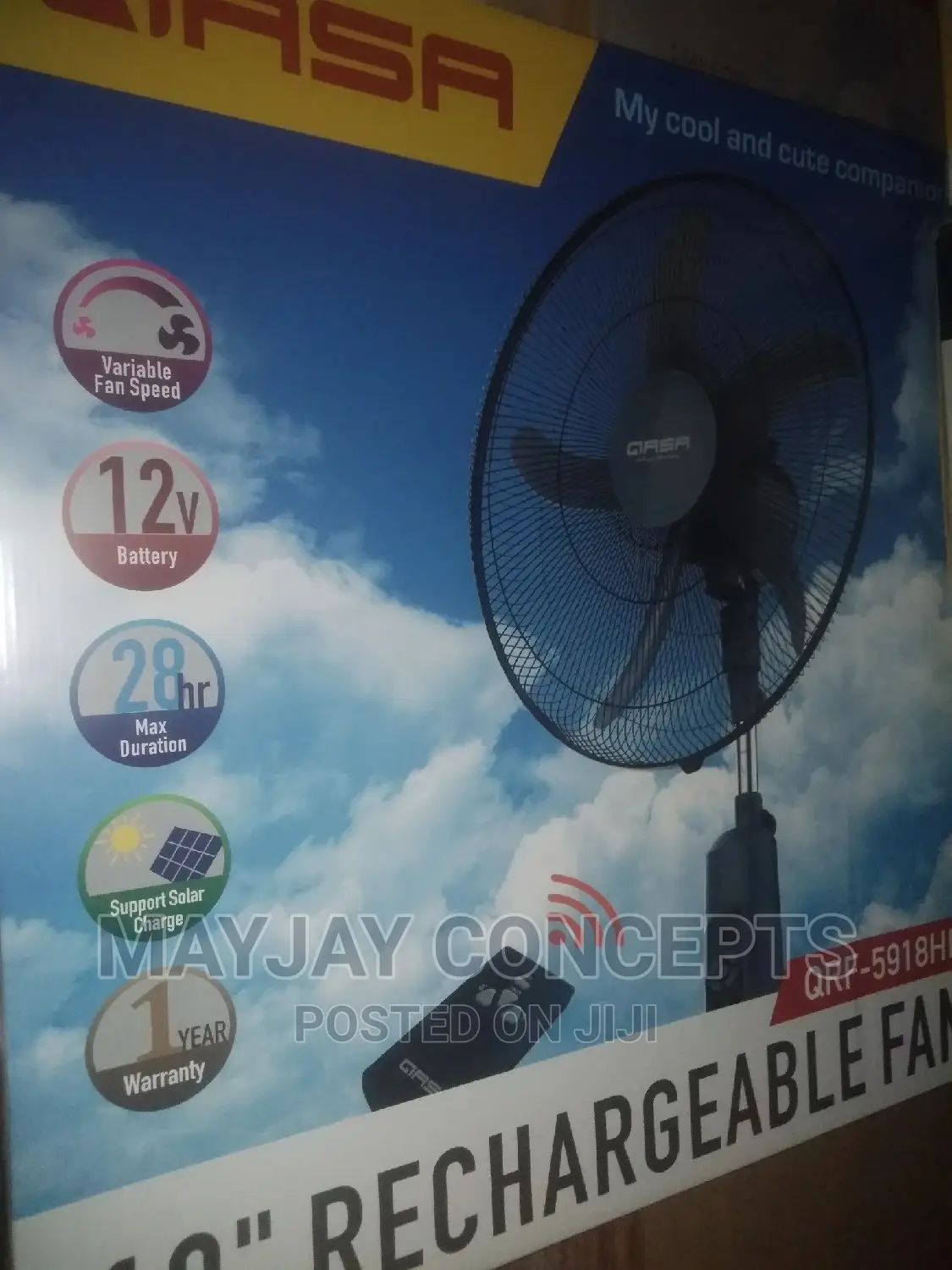 18" QASA Rechargeable Fan-Supports Solar Charge