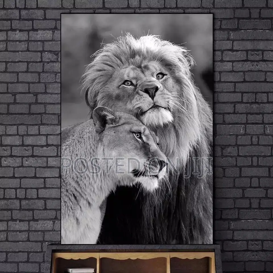 African Black And White Wild Lion Animal Canvas Print