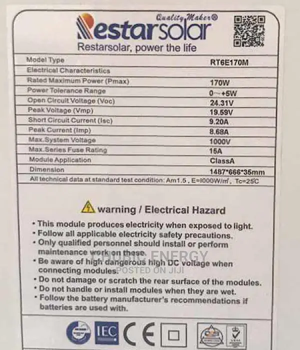 Rester 170watt Mono Panel
