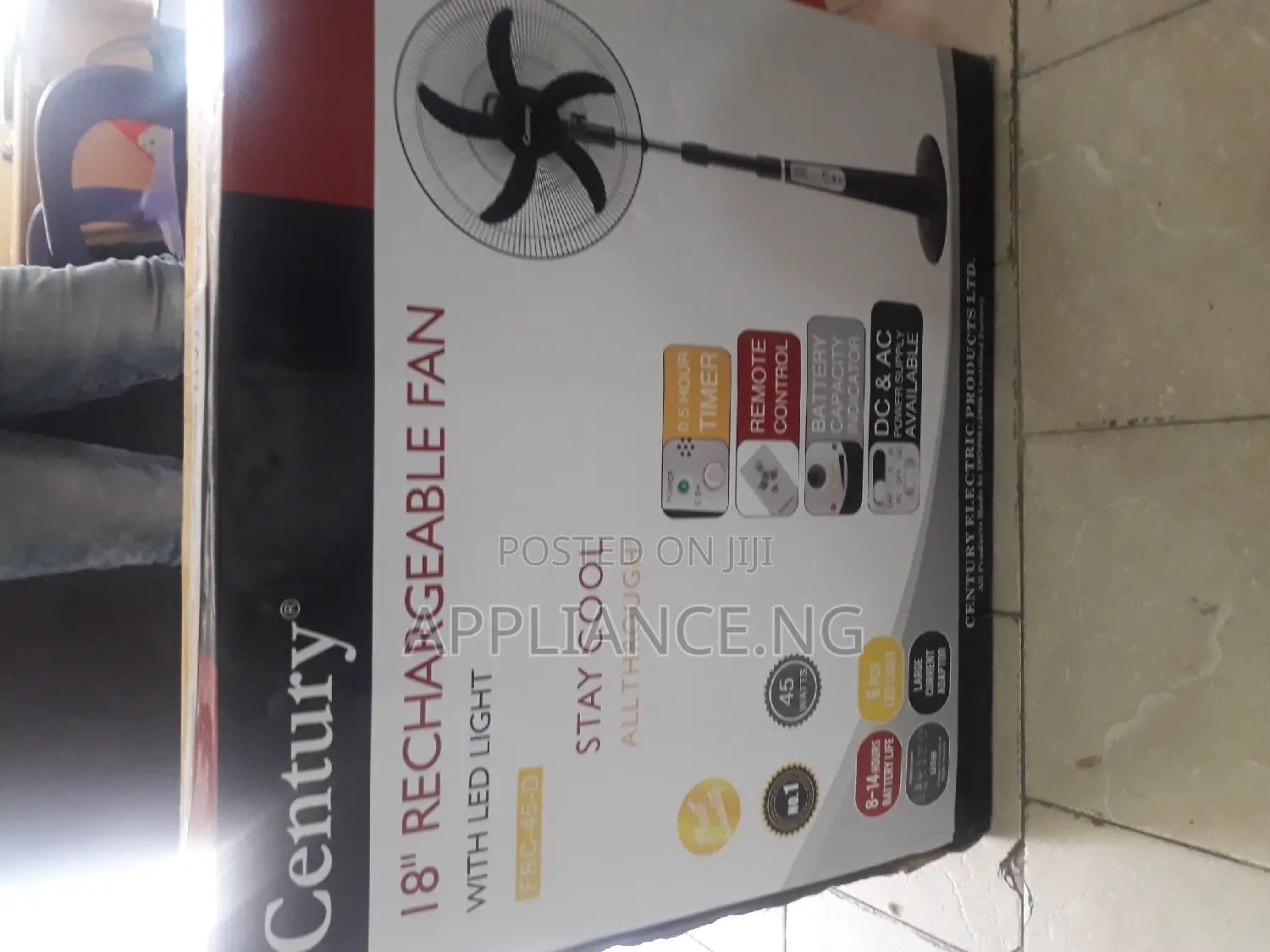 Century 18" Rechargeable Fan + Remote+LED Light - RED