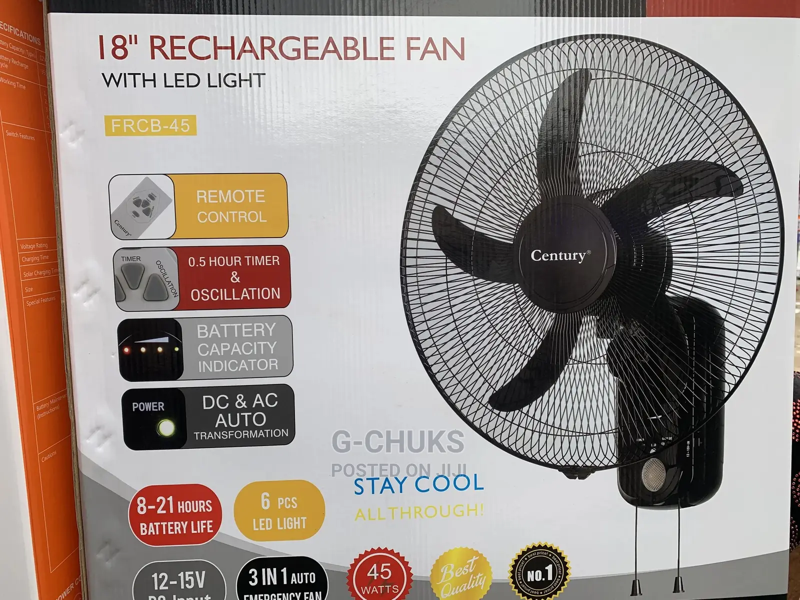 Century Rechargeable Wall Fan With Remote 18inches