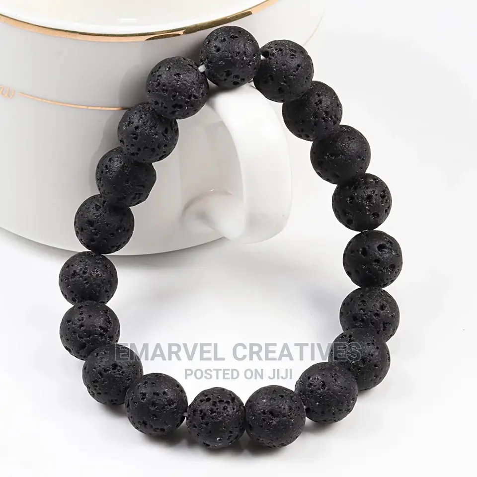 Black White Natural Stone Rock Lava Beads Strand Bracelet