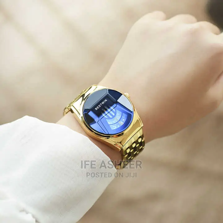Bestwin Men's Round Face Led Blue Face Wristwatch - Gold