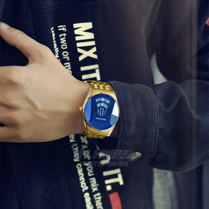 Bestwin Men's Round Face Led Blue Face Wristwatch - Gold
