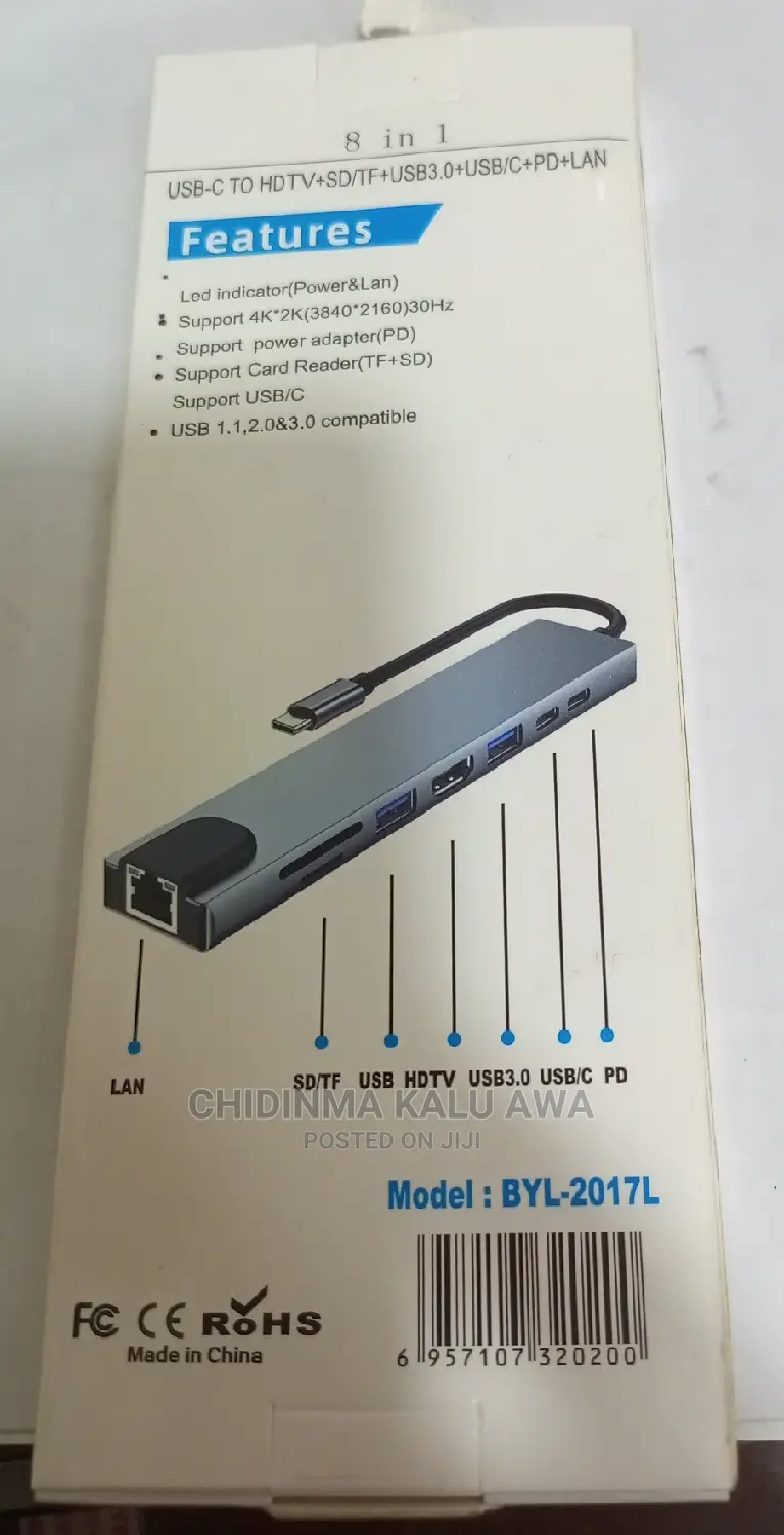 8 in 1 Usb-C to HDTV-Sd/Tf+Usb3.0+Usb/C+Pd+Lan