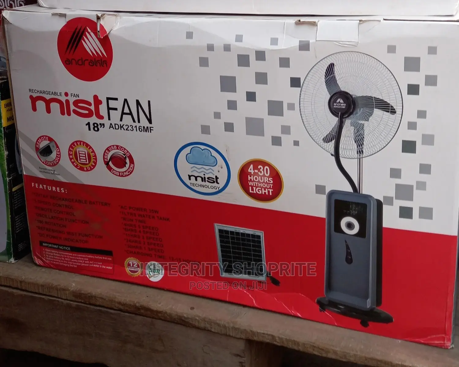 Andrakk 18" Rechargeable Mist Fan + Remote + Solar Charge