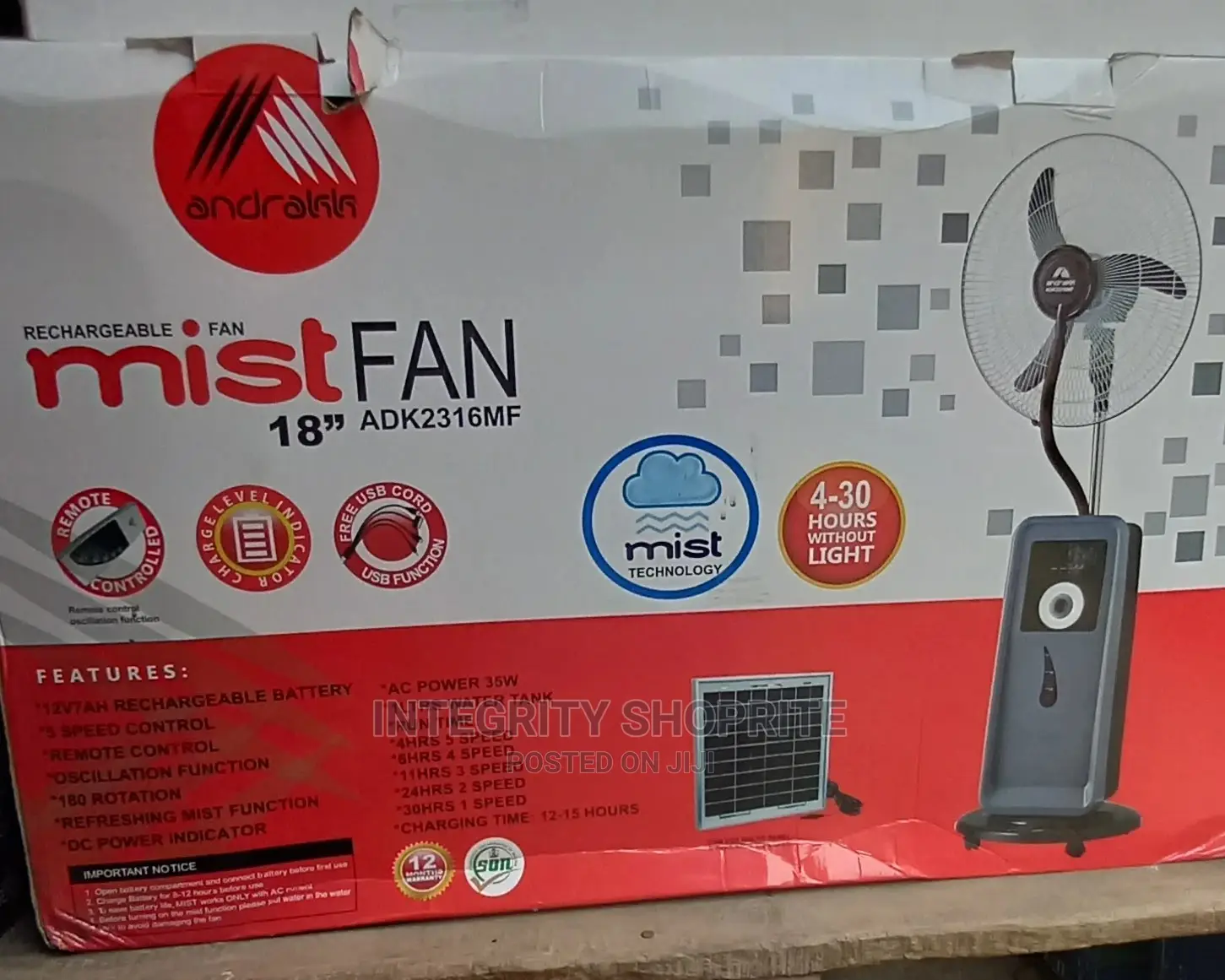Andrakk 18" Rechargeable Mist Fan + Remote + Solar Charge
