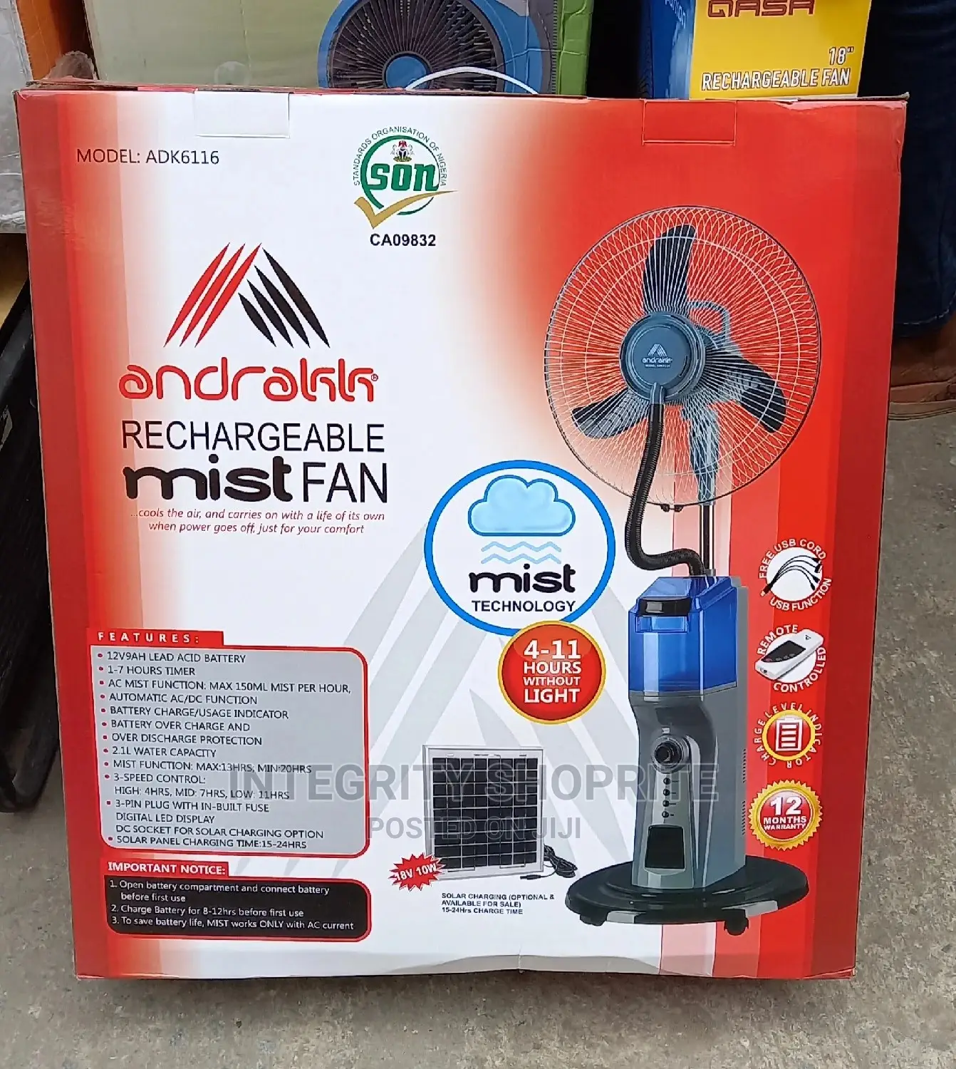 Andrakk 16" Rechargeable Mist Fan Adk6116 With Usb