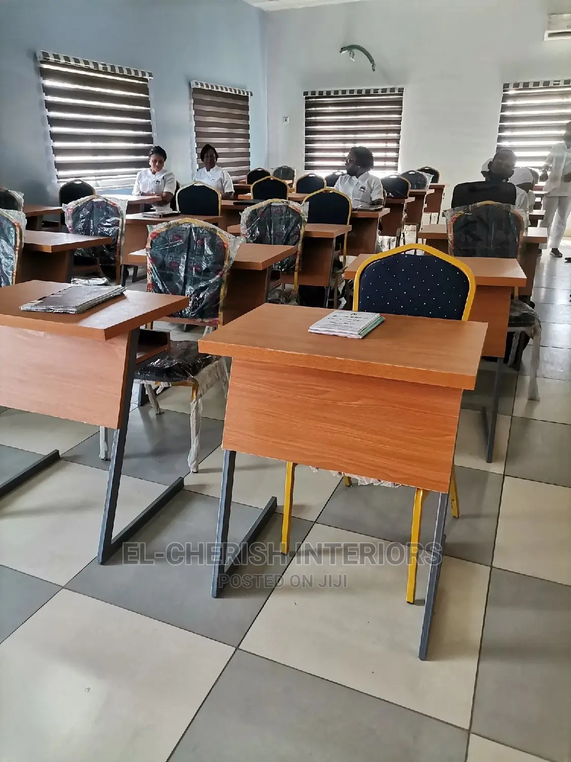 Wooden School Desk With Metal Legs and Frame With Chair