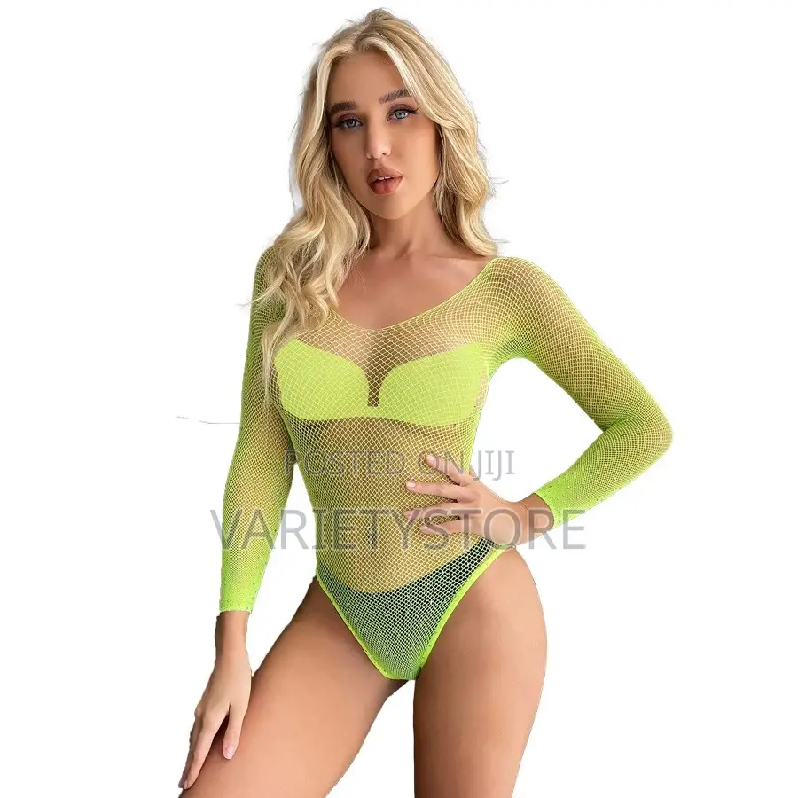 Women Sexy Fishnet Shiny Rhinestone Long Sleeve Bodysuit