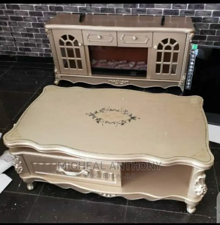 T v Stand Fireplat With Royal Center Table Gold Color