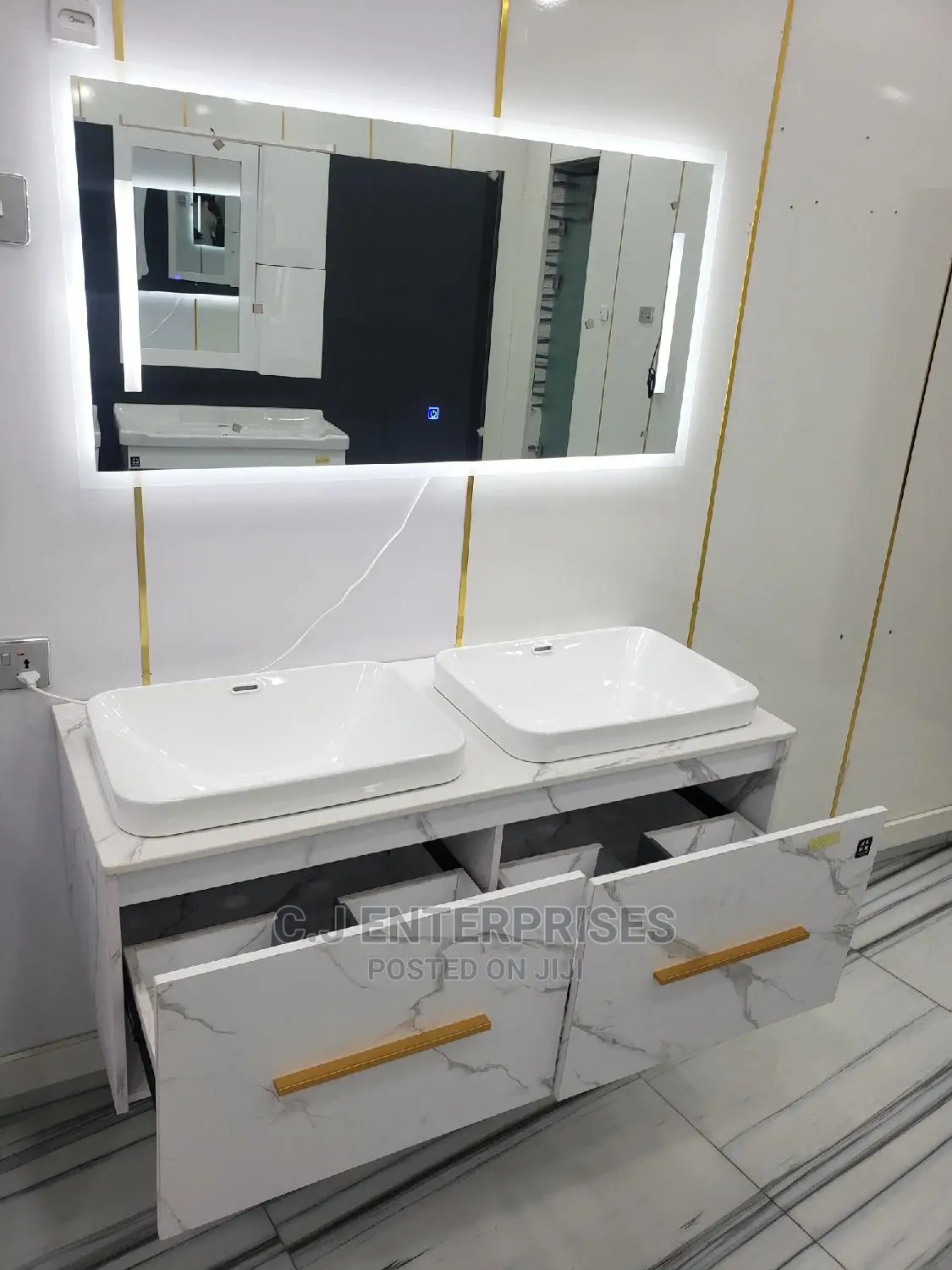 White Double Cabinet With LED Mirror