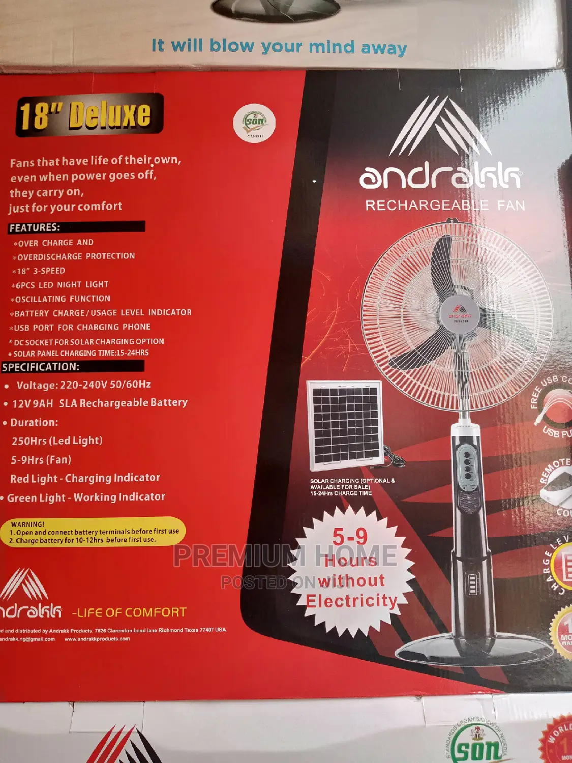 Andrakk Rechargeable Fan 18inches Deluxe