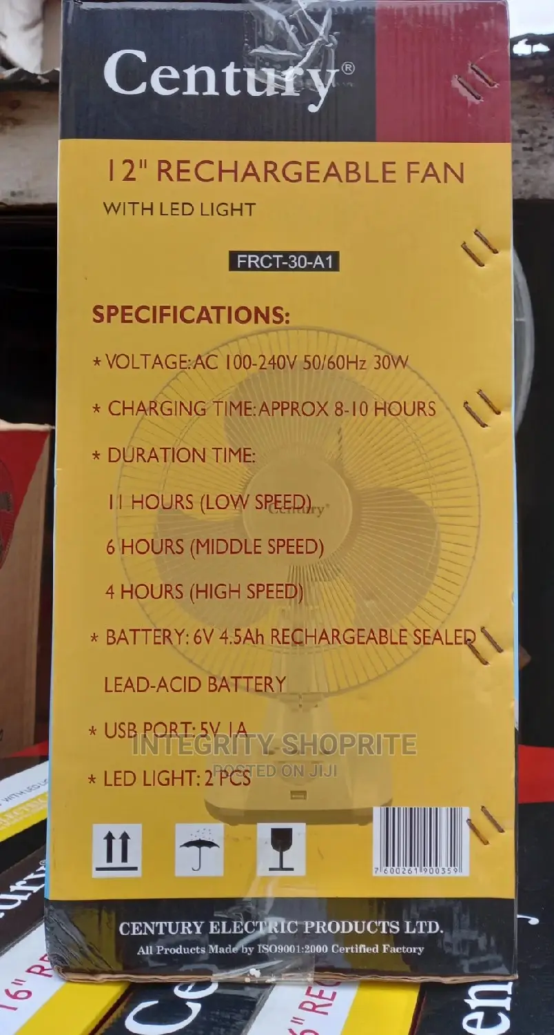 Century 12'' Rechargeable Table Fan FRCT-30-A