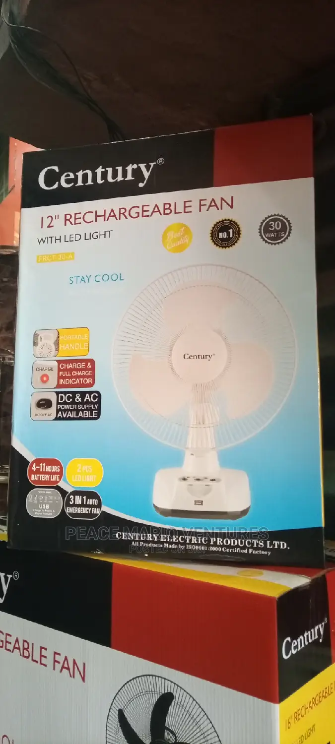 Century 12" Rechargeable Fan With One Year Warranty