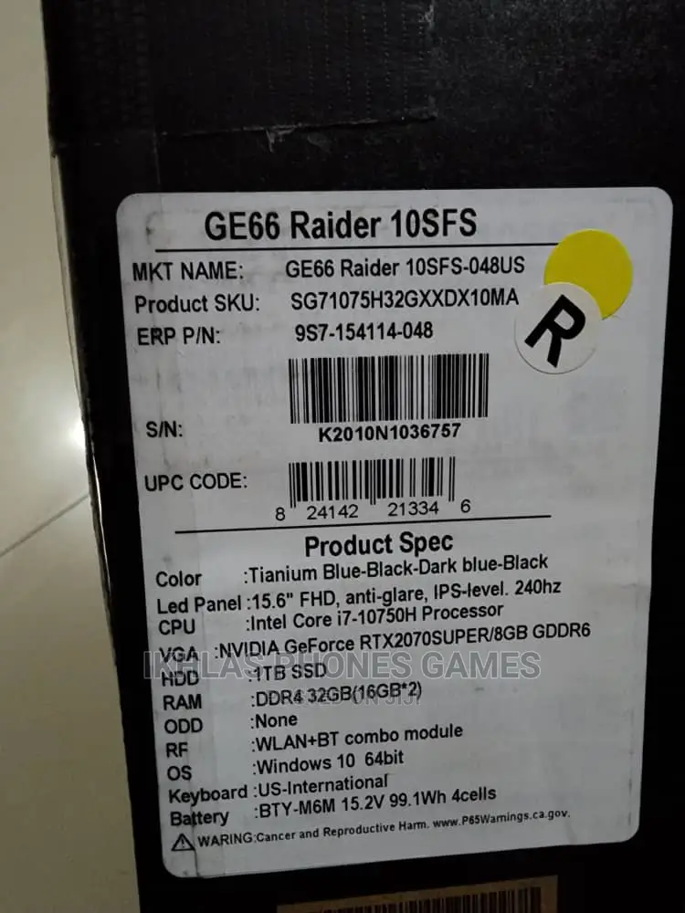New Laptop MSI GE66 Raider 32GB Intel Core I7 1T