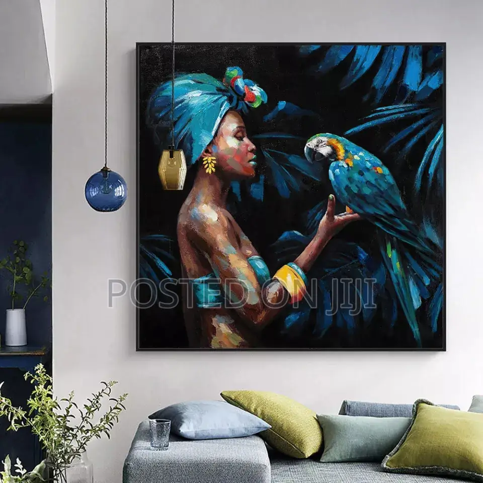 African Woman Playing With Parot Painting and Print
