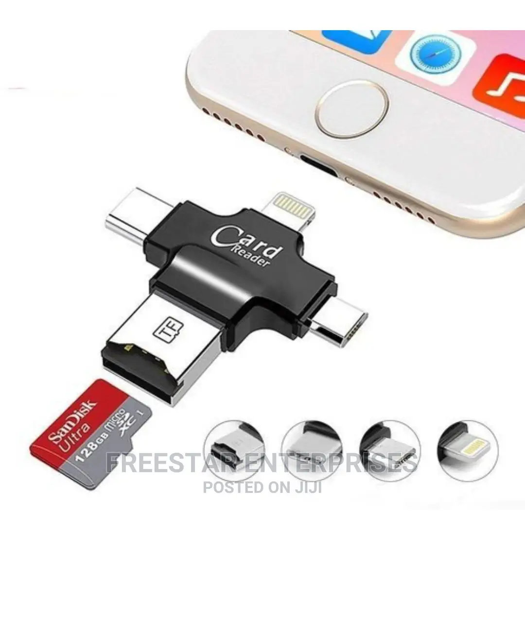 4-in-1 OTG Card Reader Type C, Lightning, Micro USB.